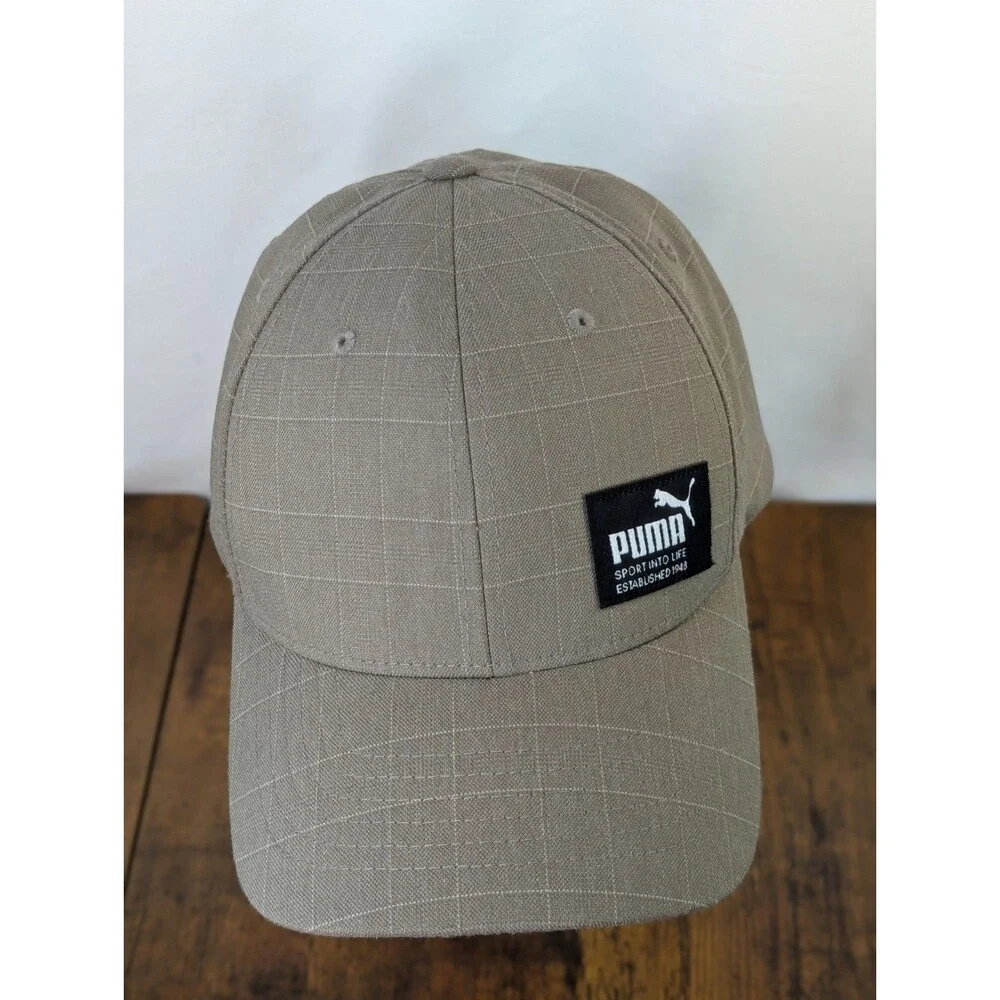 PUMA Grid Pattern Ripstop Baseball Cap Hat L/XL Gray Taupe Retro Patch Stretch
